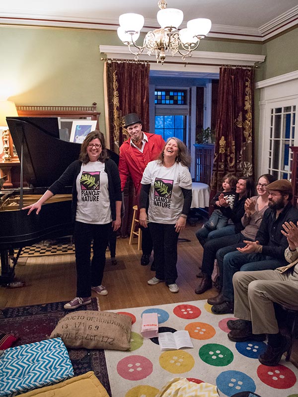 Jenn Moore(piano) and Rose Chancler (piano) with Derrick Hopkins (narrator) during the Animal Tales concert of musical storytelling at the Hand House, January 27 and January 28, 2018.